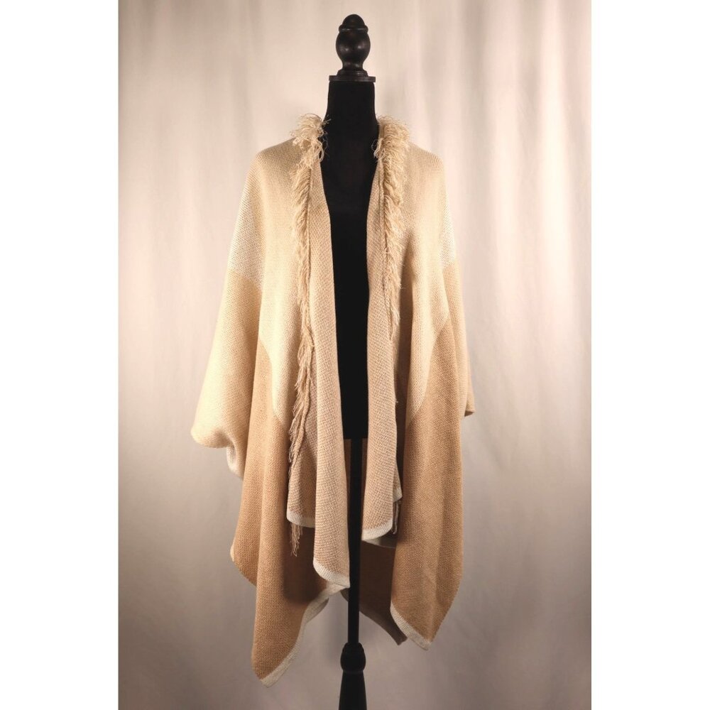 C Cozy Beige Color Block Open Front Poncho‎ with Fringe Detail Size Large
